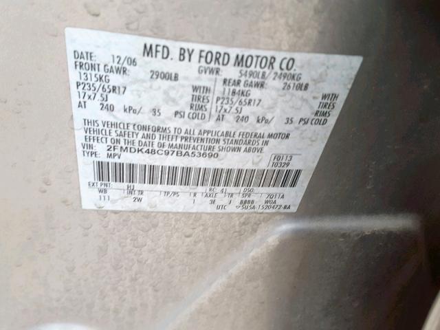 2FMDK48C97BA53690 - 2007 FORD EDGE SEL GRAY photo 10