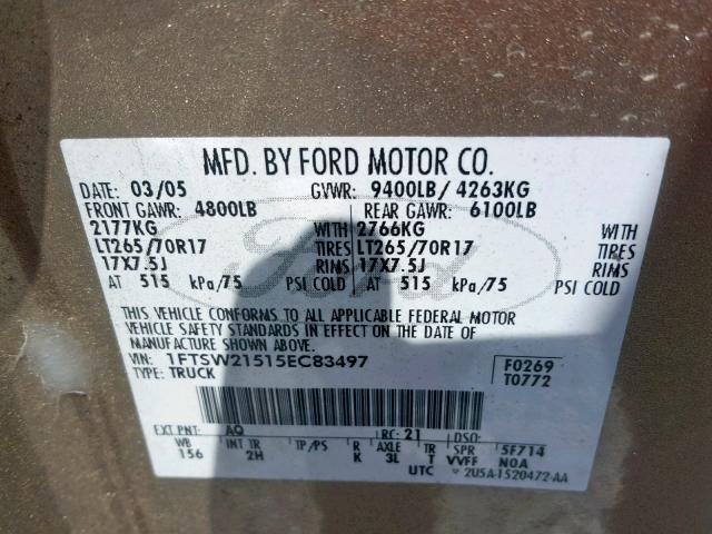 1FTSW21515EC83497 - 2005 FORD F250 SUPER BEIGE photo 10