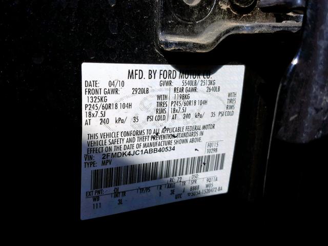 2FMDK4JC1ABB40534 - 2010 FORD EDGE SEL BLUE photo 10