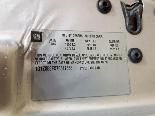 1G1ZS58FX7F317338 - 2007 CHEVROLET MALIBU LS SILVER photo 10