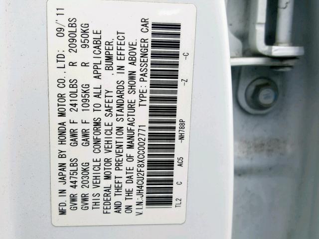 JH4CU2F8XCC002771 - 2012 ACURA TSX SE WHITE photo 10