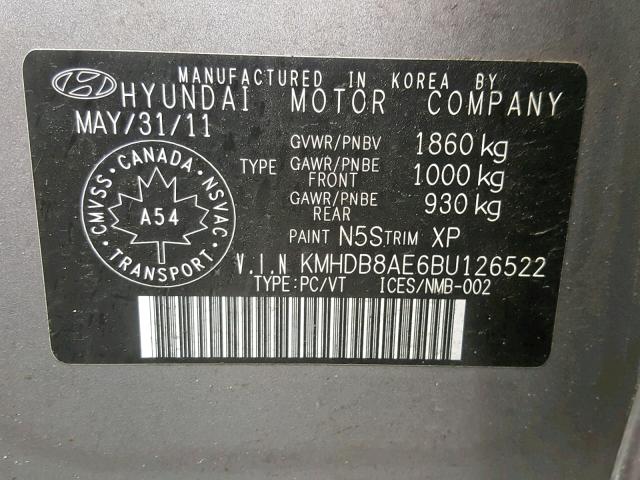 KMHDB8AE6BU126522 - 2011 HYUNDAI ELANTRA TO GRAY photo 10