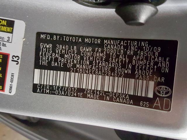 2T1BU4EE8AC284672 - 2010 TOYOTA COROLLA BASE  photo 10