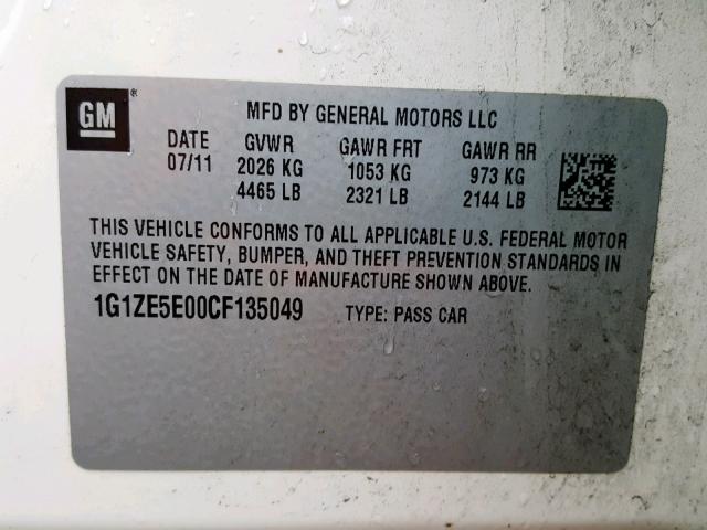 1G1ZE5E00CF135049 - 2012 CHEVROLET MALIBU LTZ თეთრი ფოტო 10