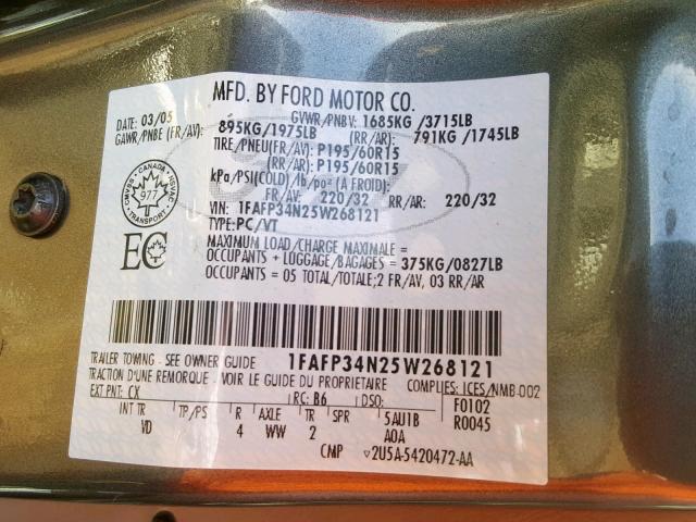 1FAFP34N25W268121 - 2005 FORD FOCUS ZX4 GRAY photo 10