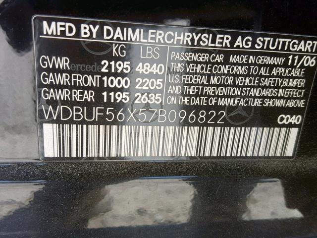 WDBUF56X57B096822 - 2007 MERCEDES-BENZ E 350 BLACK photo 10