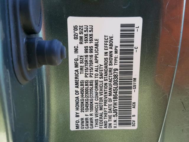 5J6YH18645L003879 - 2005 HONDA ELEMENT EX GREEN photo 10