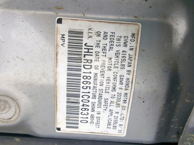 JHLRD18651C046310 - 2001 HONDA CR-V EX SILVER photo 10