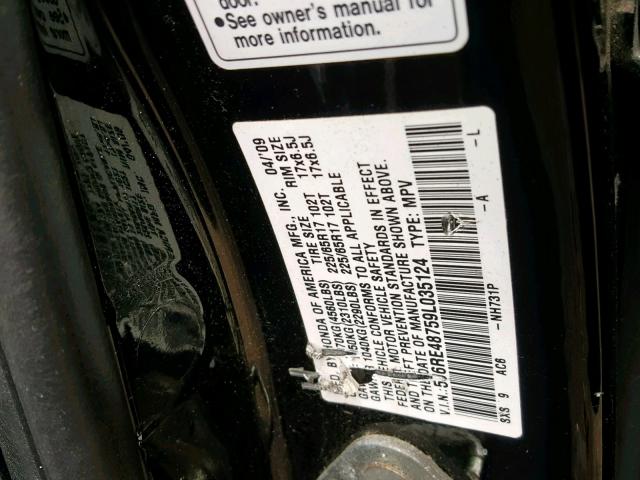 5J6RE48759L035124 - 2009 HONDA CR-V EXL BLACK photo 10