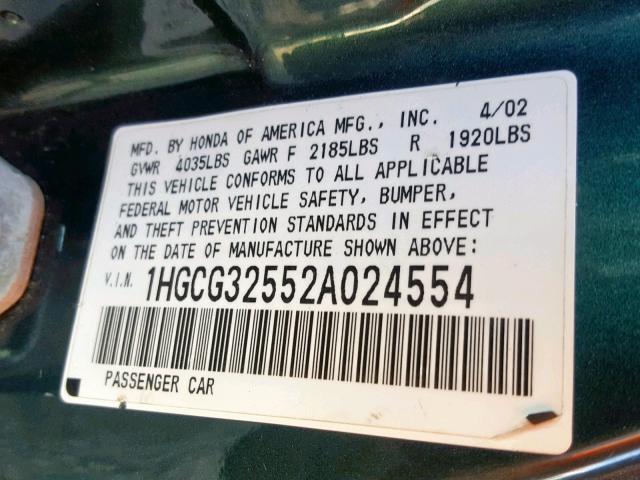 1HGCG32552A024554 - 2002 HONDA ACCORD EX GREEN photo 10