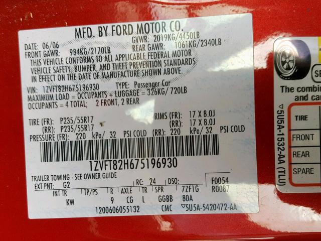 1ZVFT82H675196930 - 2007 FORD MUSTANG GT RED photo 10