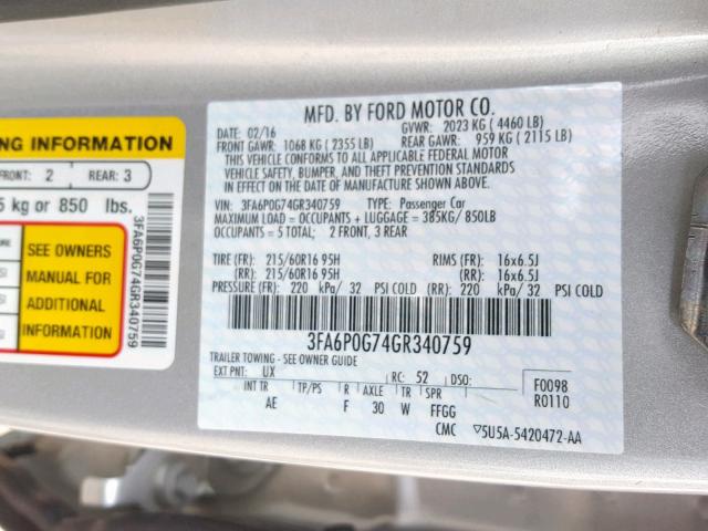 3FA6P0G74GR340759 - 2016 FORD FUSION S GRAY photo 10