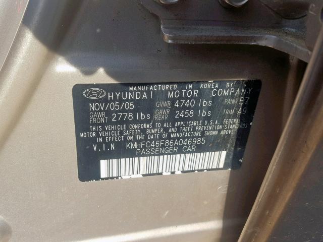 KMHFC46F86A046985 - 2006 HYUNDAI AZERA SE BEIGE photo 10