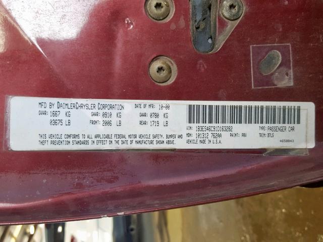 1B3ES46C91D163282 - 2001 DODGE NEON SE BURGUNDY photo 10