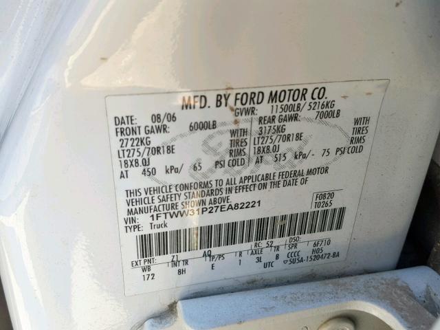 1FTWW31P27EA82221 - 2007 FORD F350 SRW S WHITE photo 10