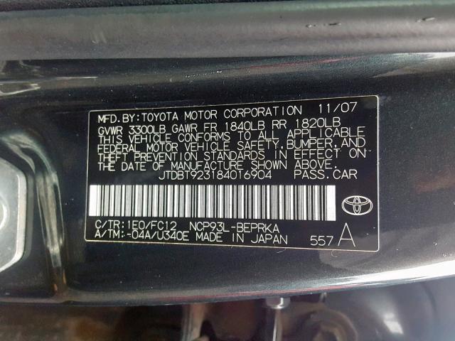 JTDBT923184016904 - 2008 TOYOTA YARIS GRAY photo 10