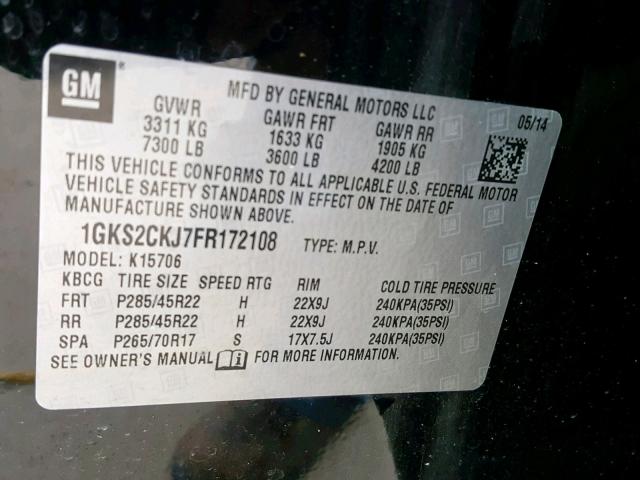 1GKS2CKJ7FR172108 - 2015 GMC YUKON DENA BLACK photo 10