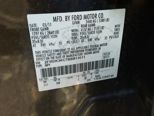 2FMDK3KC7BBB13011 - 2011 FORD EDGE LIMIT BROWN photo 10