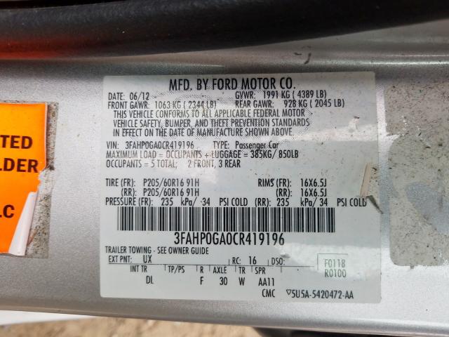 3FAHP0GA0CR419196 - 2012 FORD FUSION S  photo 10