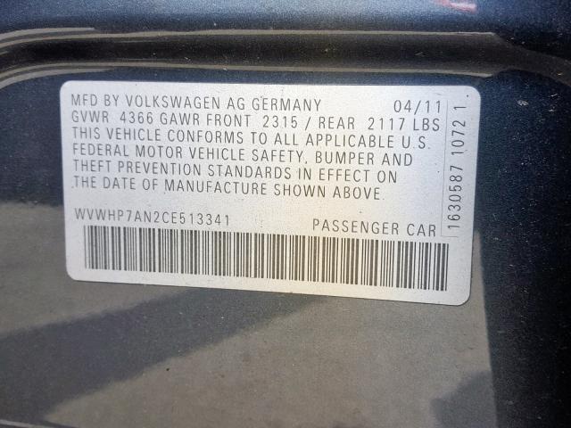 WVWHP7AN2CE513341 - 2012 VOLKSWAGEN CC LUXURY CHARCOAL photo 10