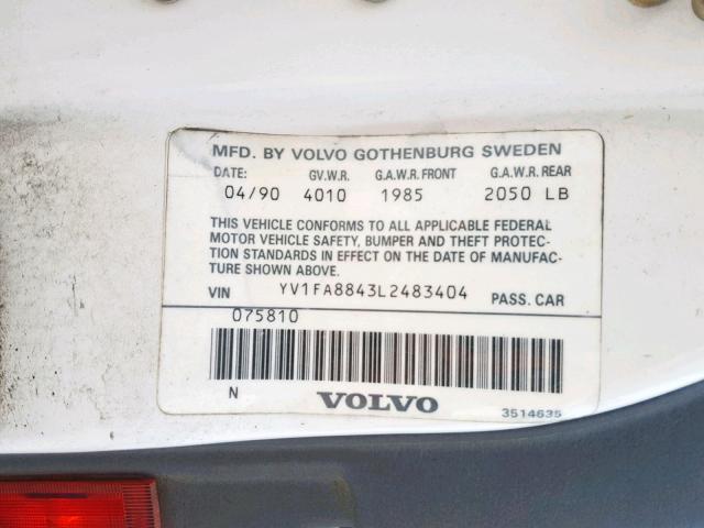 YV1FA8843L2483404 - 1990 VOLVO 740 BASE WHITE photo 10