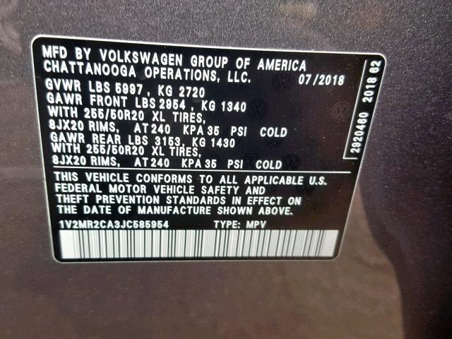 1V2MR2CA3JC585954 - 2018 VOLKSWAGEN ATLAS SEL Boz foto 10