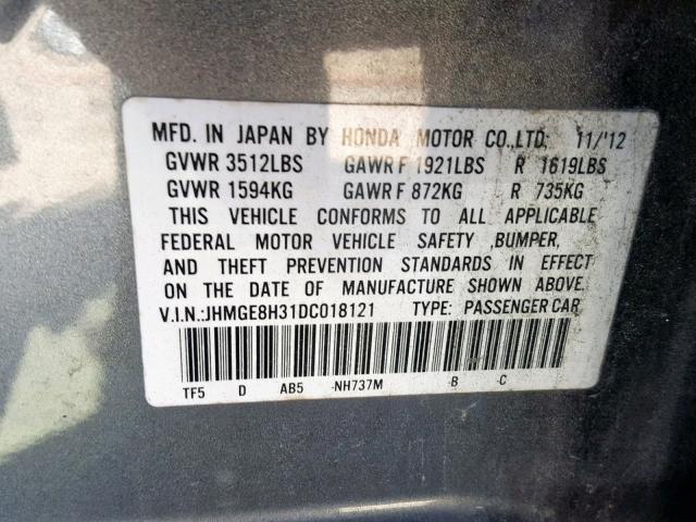 JHMGE8H31DC018121 - 2013 HONDA FIT GRAY photo 10