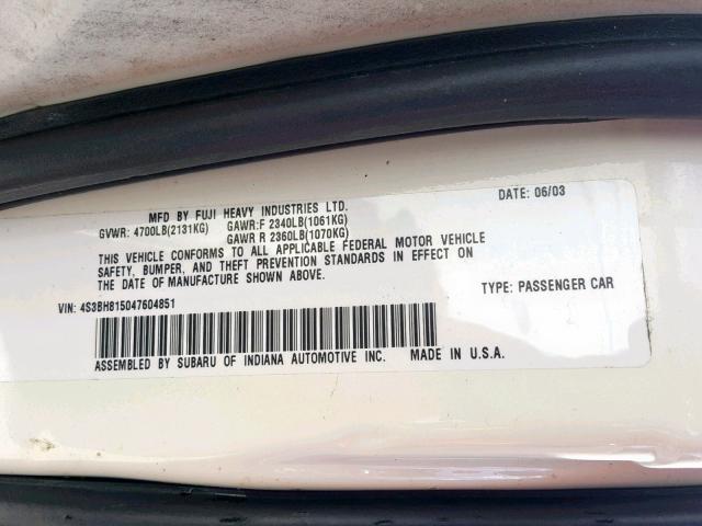 4S3BH815047604851 - 2004 SUBARU LEGACY OUT WHITE photo 10