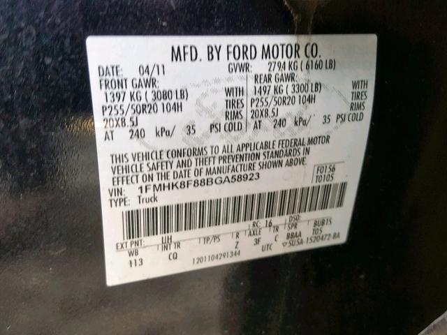 1FMHK8F88BGA58923 - 2011 FORD EXPLORER L BLACK photo 10