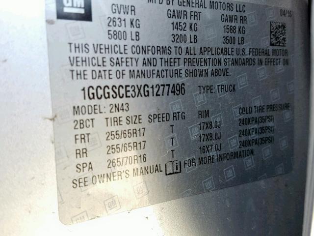 1GCGSCE3XG1277496 - 2016 CHEVROLET COLORADO L SILVER photo 10