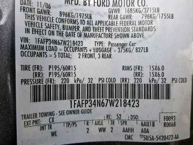1FAFP34N67W218423 - 2007 FORD FOCUS ZX4 GRAY photo 10