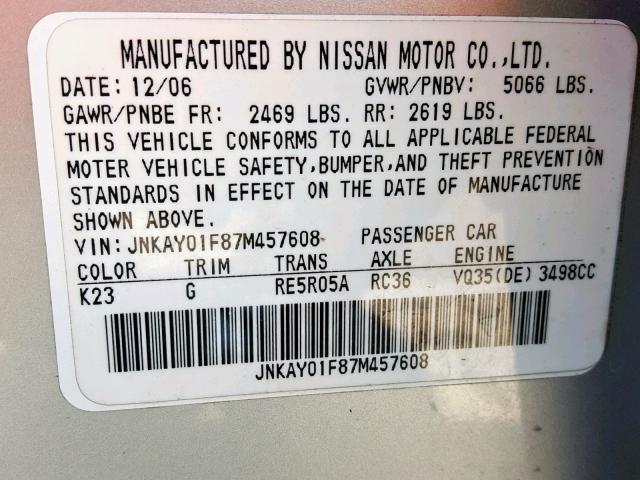 JNKAY01F87M457608 - 2007 INFINITI M35 BASE SILVER photo 10