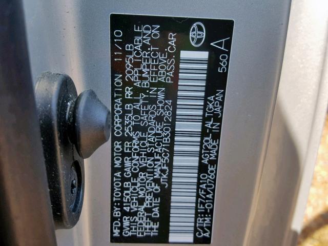 JTKJF5C71B3012824 - 2011 TOYOTA SCION TC ვერცხლისფერი ფოტო 10