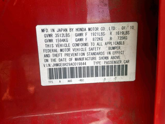 JHMGE8H29AC019844 - 2010 HONDA FIT RED photo 10