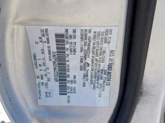 1FAFP56U56A223169 - 2006 FORD TAURUS SEL SILVER photo 10