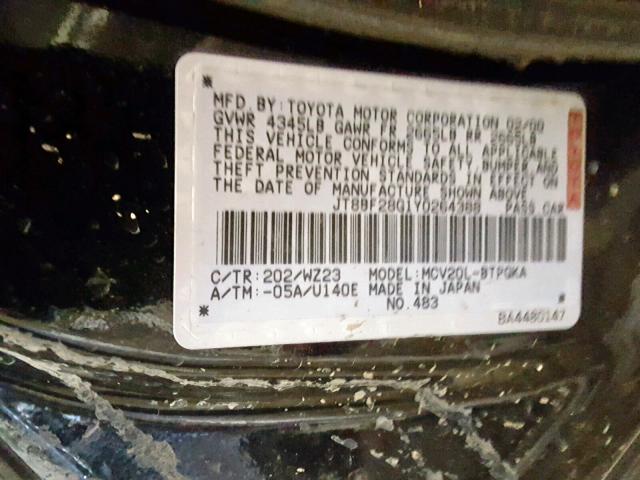 JT8BF28G1Y0264388 - 2000 LEXUS ES 300 BLACK photo 10