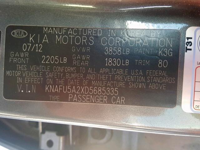 KNAFU5A2XD5685335 - 2013 KIA FORTE EX GRAY photo 10