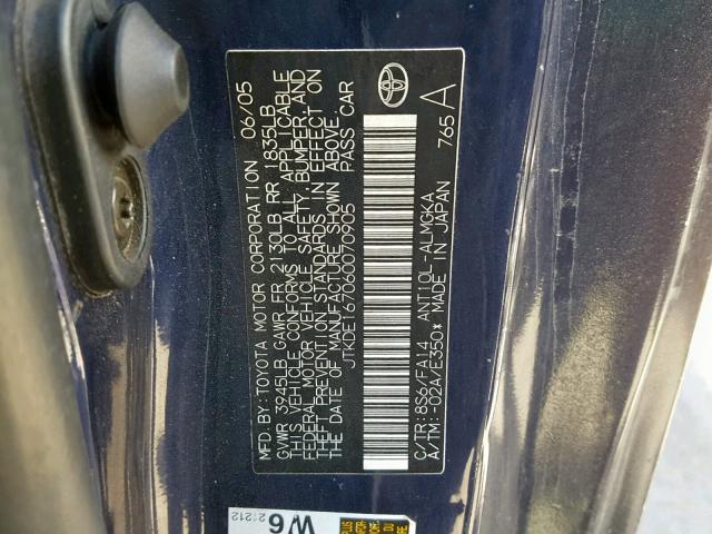 JTKDE167060070905 - 2006 TOYOTA SCION TC ლურჯი ფოტო 10