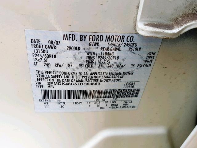 2FMDK48C57BB60669 - 2007 FORD EDGE SEL CREAM photo 10