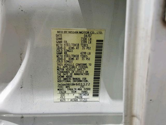 5N1BA08D58N601122 - 2008 NISSAN ARMADA SE WHITE photo 10