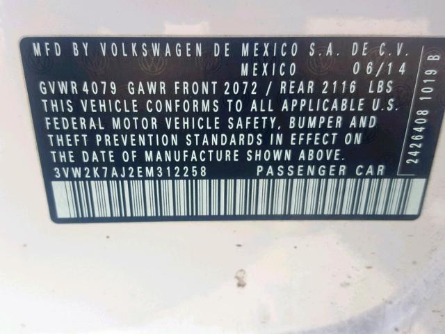3VW2K7AJ2EM312258 - 2014 VOLKSWAGEN JETTA BASE WHITE photo 10