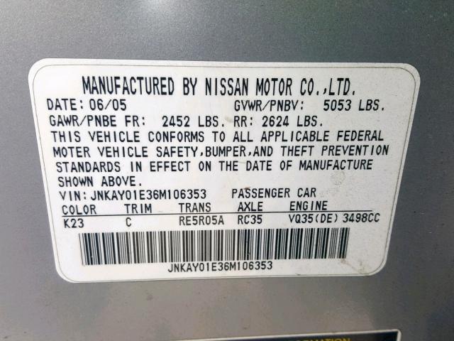 JNKAY01E36M106353 - 2006 INFINITI M35 BASE SILVER photo 10