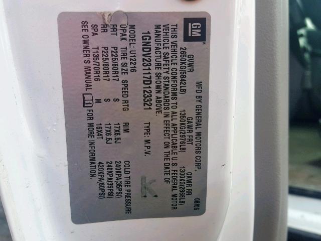 1GNDV23117D123321 - 2007 CHEVROLET UPLANDER L 白色 照片 10