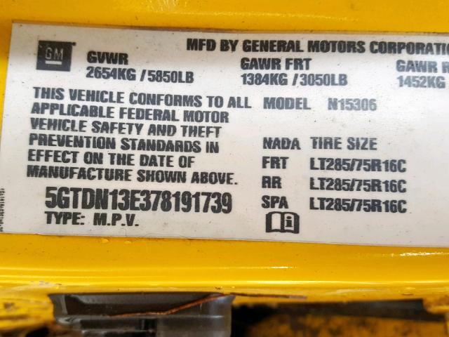 5GTDN13E378191739 - 2007 HUMMER H3 YELLOW photo 10