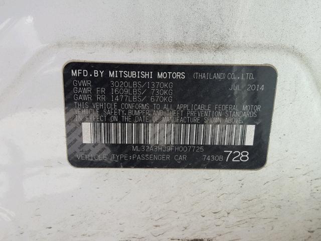 ML32A3HJ9FH007725 - 2015 MITSUBISHI MIRAGE DE WHITE photo 10