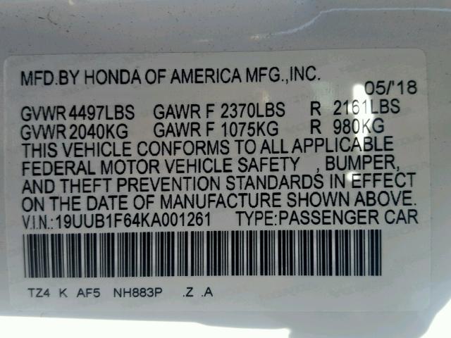 19UUB1F64KA001261 - 2019 ACURA TLX WHITE photo 10