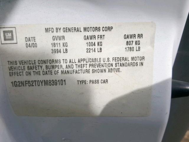 1G2NF52T0YM839101 - 2000 PONTIAC GRAND AM S WHITE photo 10