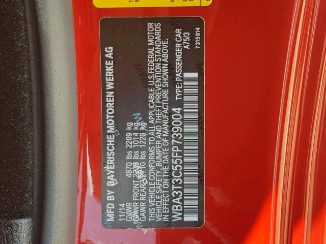 WBA3T3C55FP739004 - 2015 BMW 435 I RED photo 10