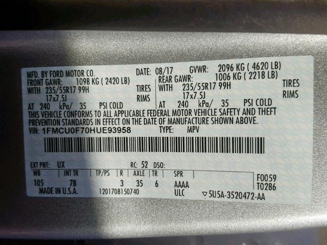 1FMCU0F70HUE93958 - 2017 FORD ESCAPE S SILVER photo 10