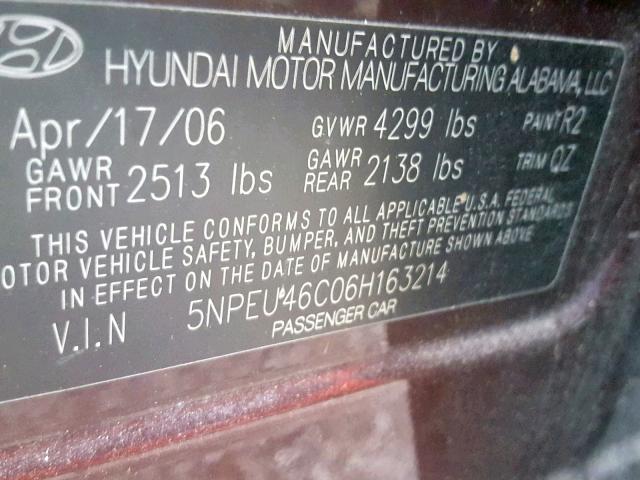 5NPEU46C06H163214 - 2006 HYUNDAI SONATA GLS MAROON photo 10